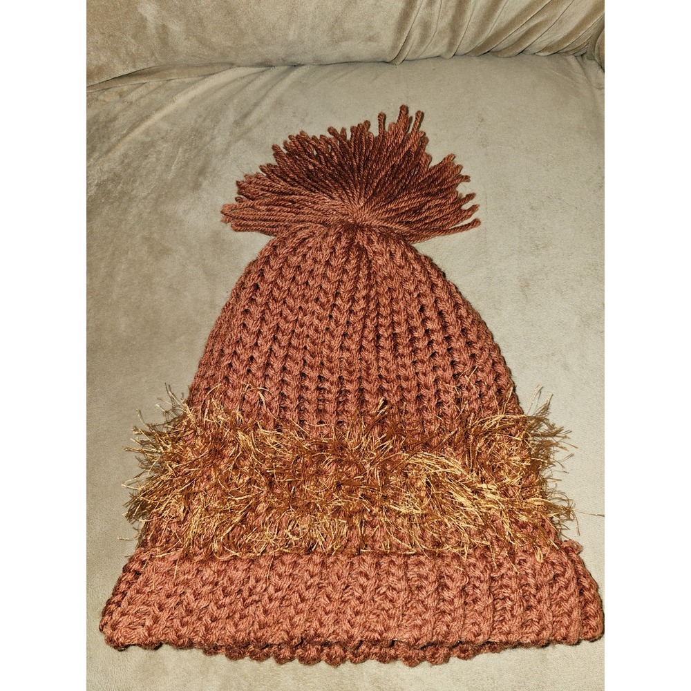 VTG Womens Winter Beanie Hat W/ Pompom Orange Knit Boho Granola Indie Prairie